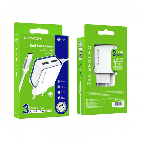 Зарядное устройство BOROFONE BA35A Brilliant 2*USB, 2.1A, белый, кабель Type-C
