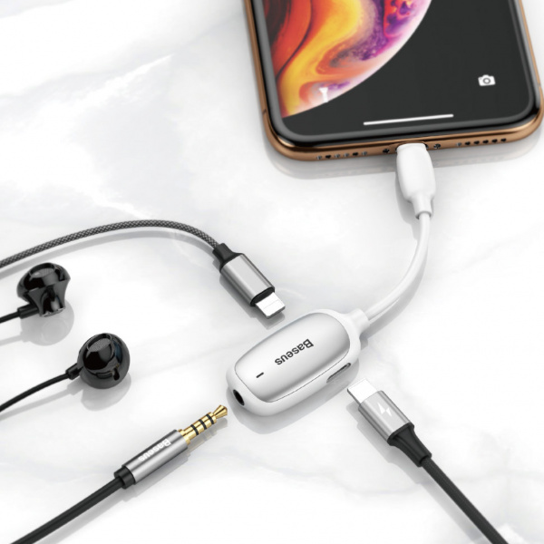 Переходник Baseus 3-в-1 L51 CALL51-S2, Apple Lightning - mini jack 3.5 mm, белый