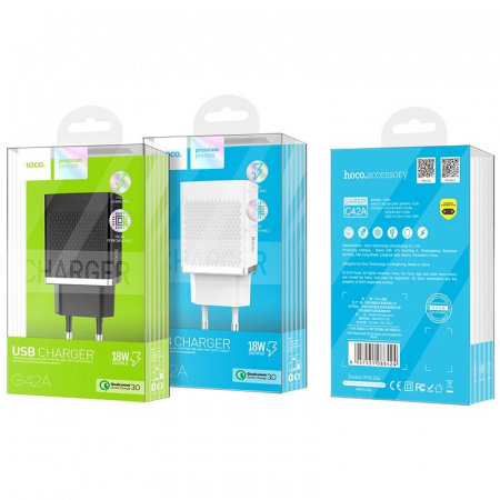 Сетевое зарядное устройство Hoco C42A QC3.0, 1 USB, 3А, Quick charge 3.0, белый