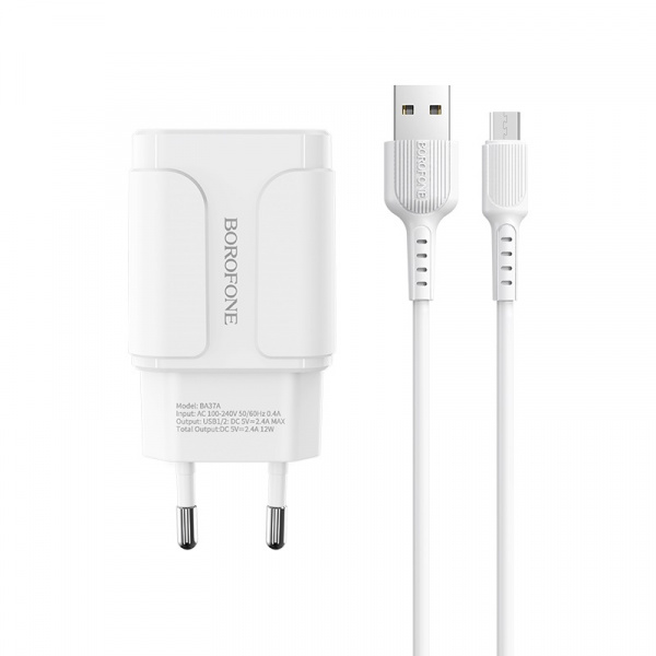Зарядное устройство BOROFONE BA37A Speedy 2*USB, 2.4A, белый, кабель micro USB