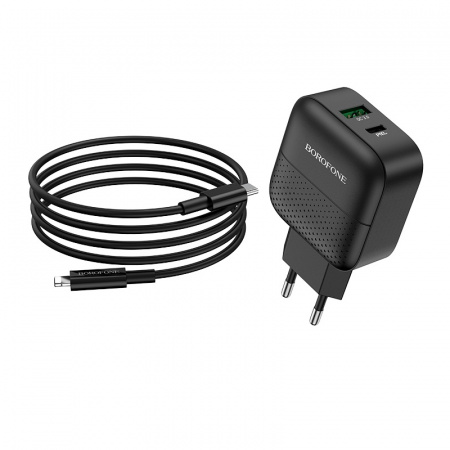 Зарядное устройство BOROFONE BA46A Premium, 3A, черный, два порта: USB/Type-C, кабель Type-C-Lightning