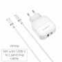 Зарядное устройство BOROFONE BA46A Premium, 3A, белый, два порта: USB/Type-C, кабель Type-C-Lightning