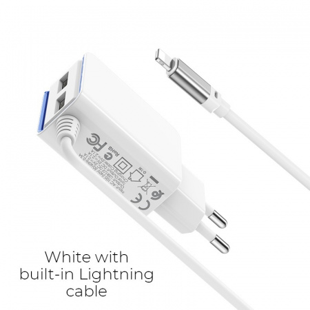 Зарядное устройство BOROFONE BA35A Brilliant 2*USB, 2.1A, белый, кабель Lightning