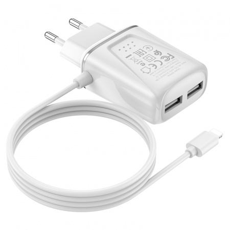 Зарядное устройство BOROFONE BA50A Beneficence Lightning, 2.1A, белый, два порта