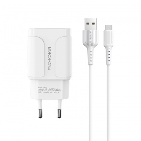 Зарядное устройство BOROFONE BA37A Speedy 2*USB, 2.4A, белый, кабель Type-C