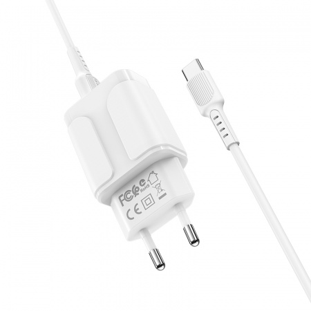 Зарядное устройство BOROFONE BA37A Speedy 2*USB, 2.4A, белый, кабель Type-C