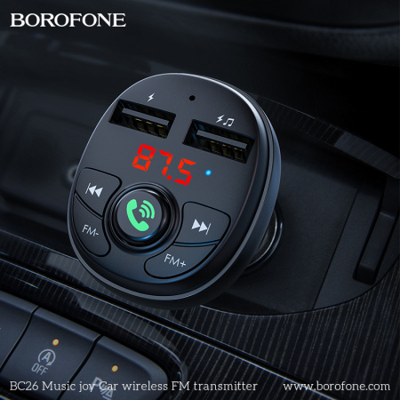 Автомобильное зарядное устройство BOROFONE BC26 Music joy 2*USB, 2.1A, черный, FM-передатчик,FM/SD