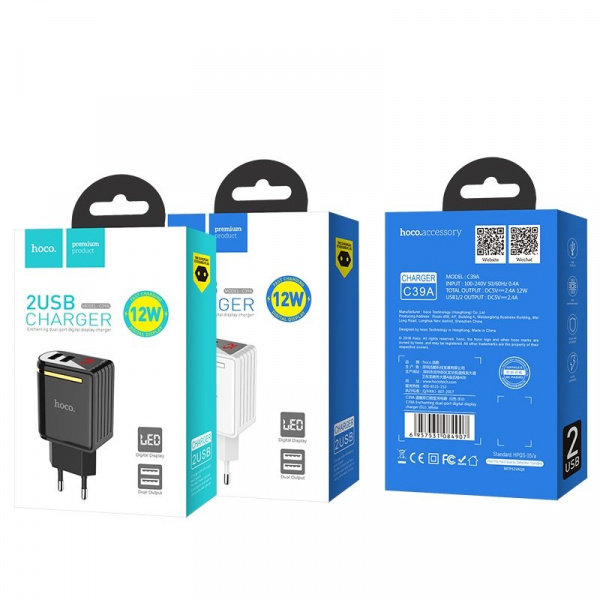 Сетевое зарядное устройство Hoco C39A, 2 USB, 2.4А, черный