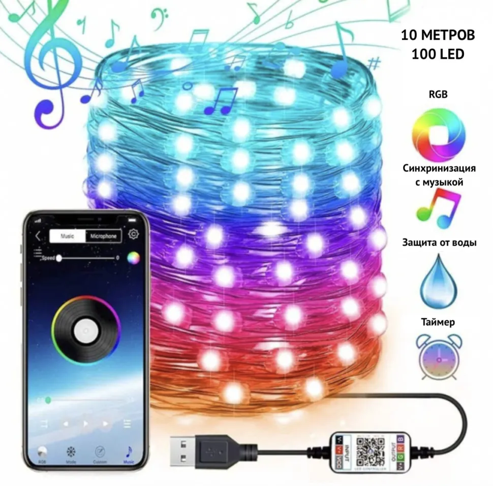 Умная RGB Wi-Fi гирлянда с управлением через смартфон, пульт или умный дом 10 метров